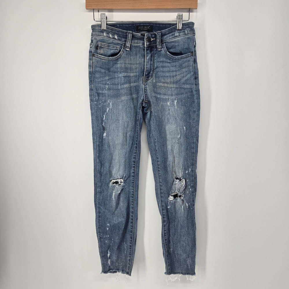 Judy Blue Relaxed Fit Jeans Womens 5/27 Blue Distressed Ripped Raw‎ Hem JB8273MD